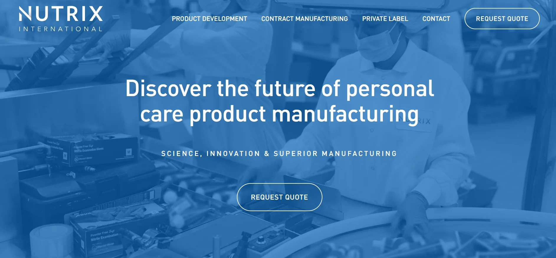 Workers in a manufacturing facility wearing lab coats and masks assembling personal care products, with text promoting advanced manufacturing solutions.
